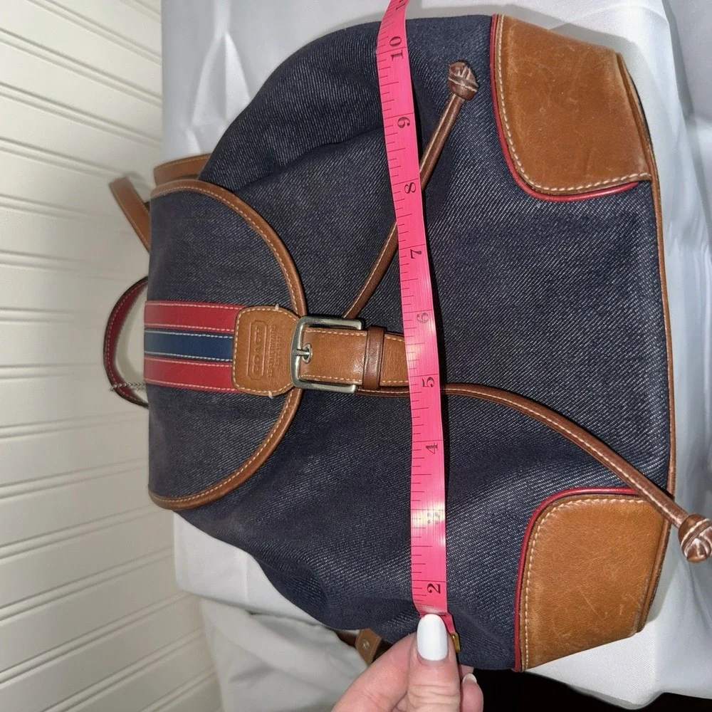 Vintage Coach Denim Blue Chambray Red Brown Leather Trim Backpack Purse 2004